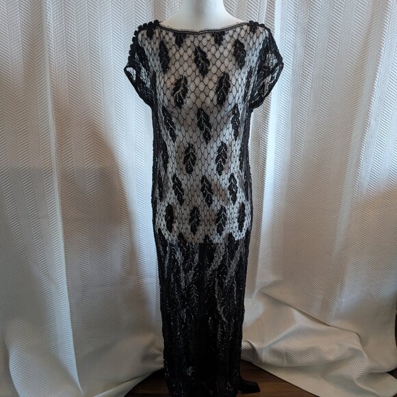 Vintage Black Beaded Sheer Lace Sleeveless Maxi Evening Gown Cocktail Glam Rare - Picture 1 of 16